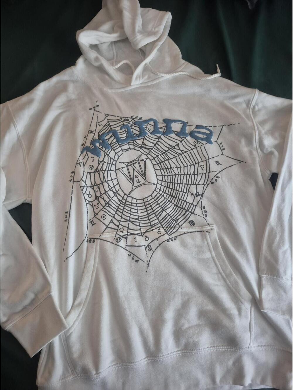 Wunna Sp5der Hoodie White and Blue Large